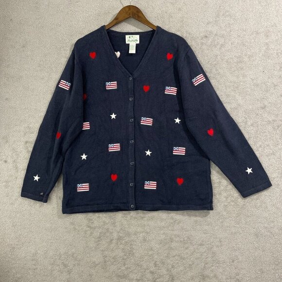 Quacker Factory Sweaters - VTG Quacker Factory Womens L Navy Blue Cardigan Embroidered US Flag & Heart